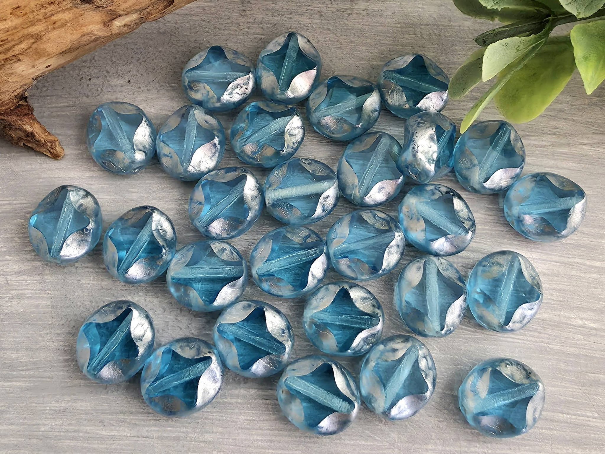 Aquamarine - Silver Wash Diamond Cut/Cross Czech Coins - 9mm - 10pcs