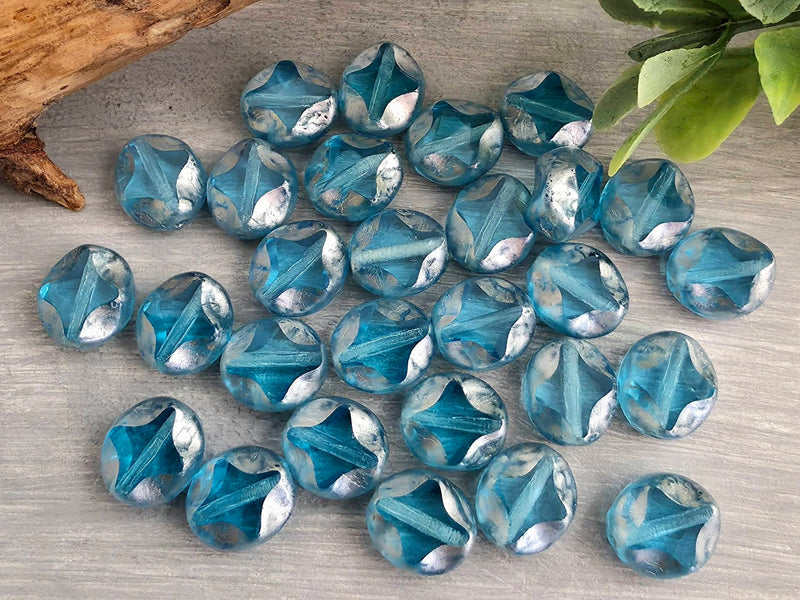Aquamarine - Silver Wash Diamond Cut/Cross Czech Coins - 9mm - 10pcs