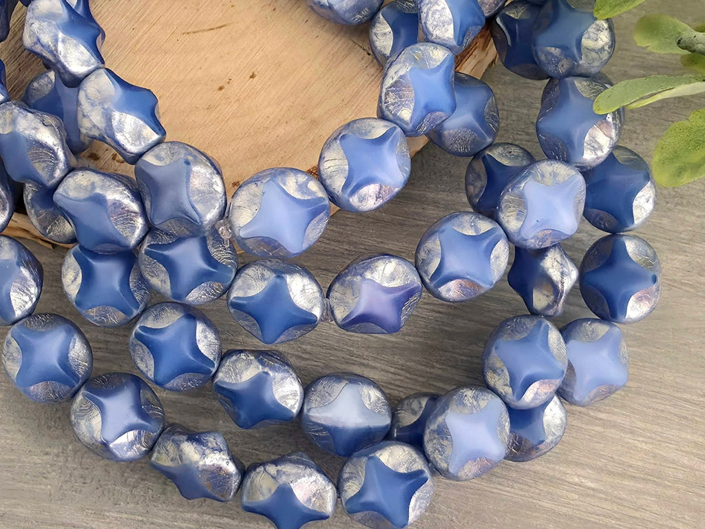 Cornflower Blue Opaline - Silver Wash Diamond Cut/Cross Czech Coins - 9mm - 10pcs