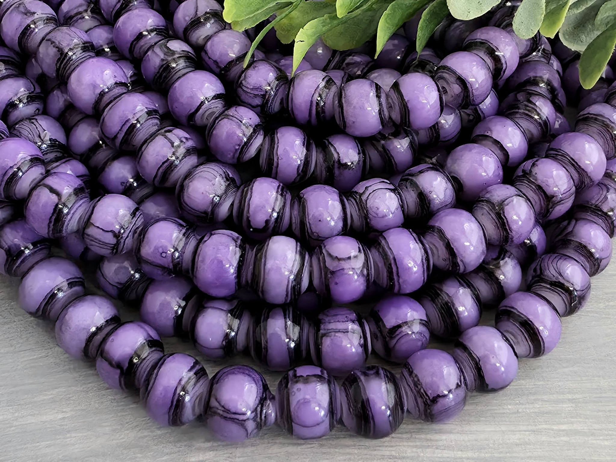 Purple - Wood Grain Pattern Glass Beads - 8mm - 7" Strand/Loose