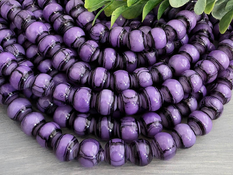 Purple - Wood Grain Pattern Glass Beads - 8mm - 7" Strand/Loose