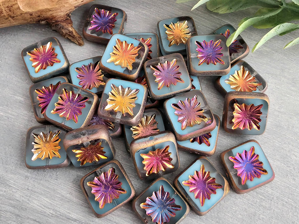 Aurora Bloom - Czech Starburst Square Beads - 10mm - 5pcs