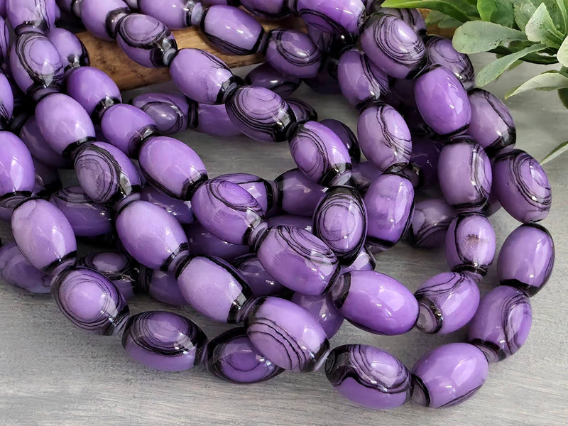 Purple - Wood Grain Pattern Glass Barrel Beads - 10x8mm - 7" Strand/Loose