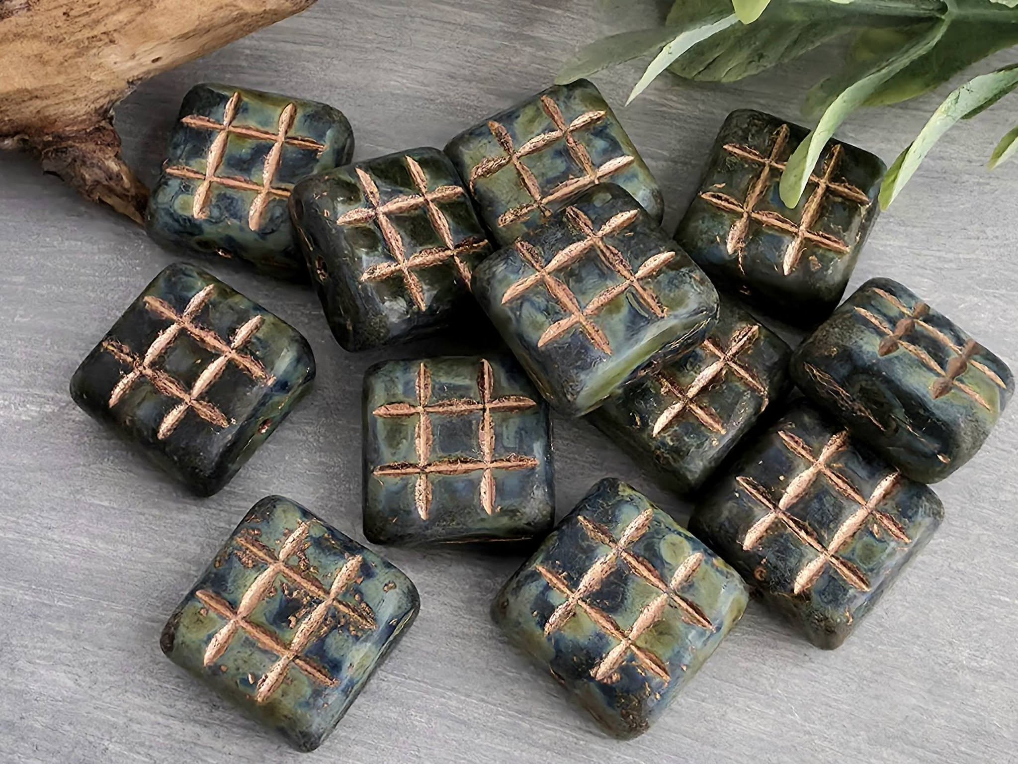 Picasso Moss - Copper Wash Czech Square Grid Beads - 13mm - 5pcs