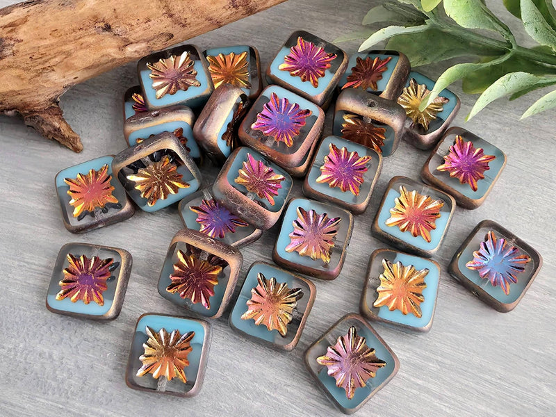 Aurora Bloom - Czech Starburst Square Beads - 10mm - 5pcs