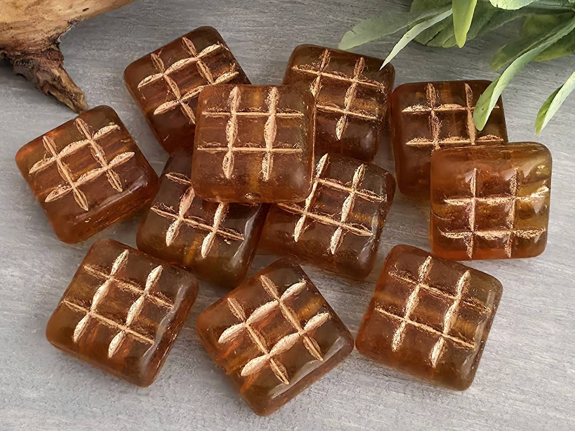 Smokey Amber - Copper Wash Czech Square Grid Beads - 13mm - 5pcs