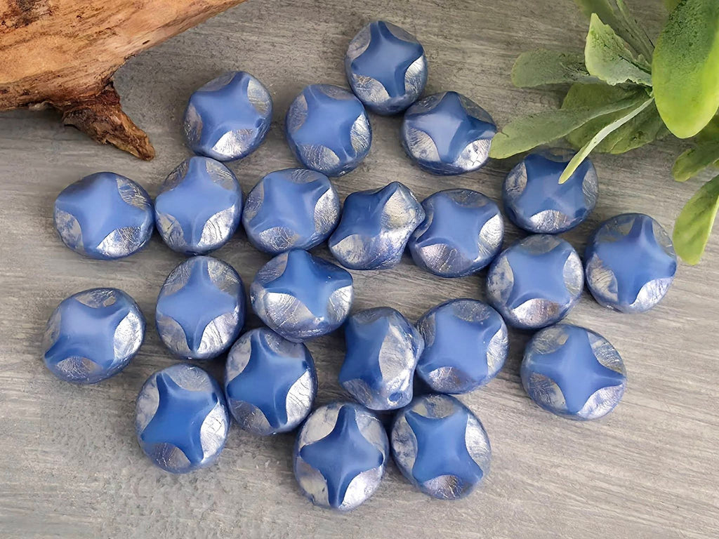 Cornflower Blue Opaline - Silver Wash Diamond Cut/Cross Czech Coins - 9mm - 10pcs