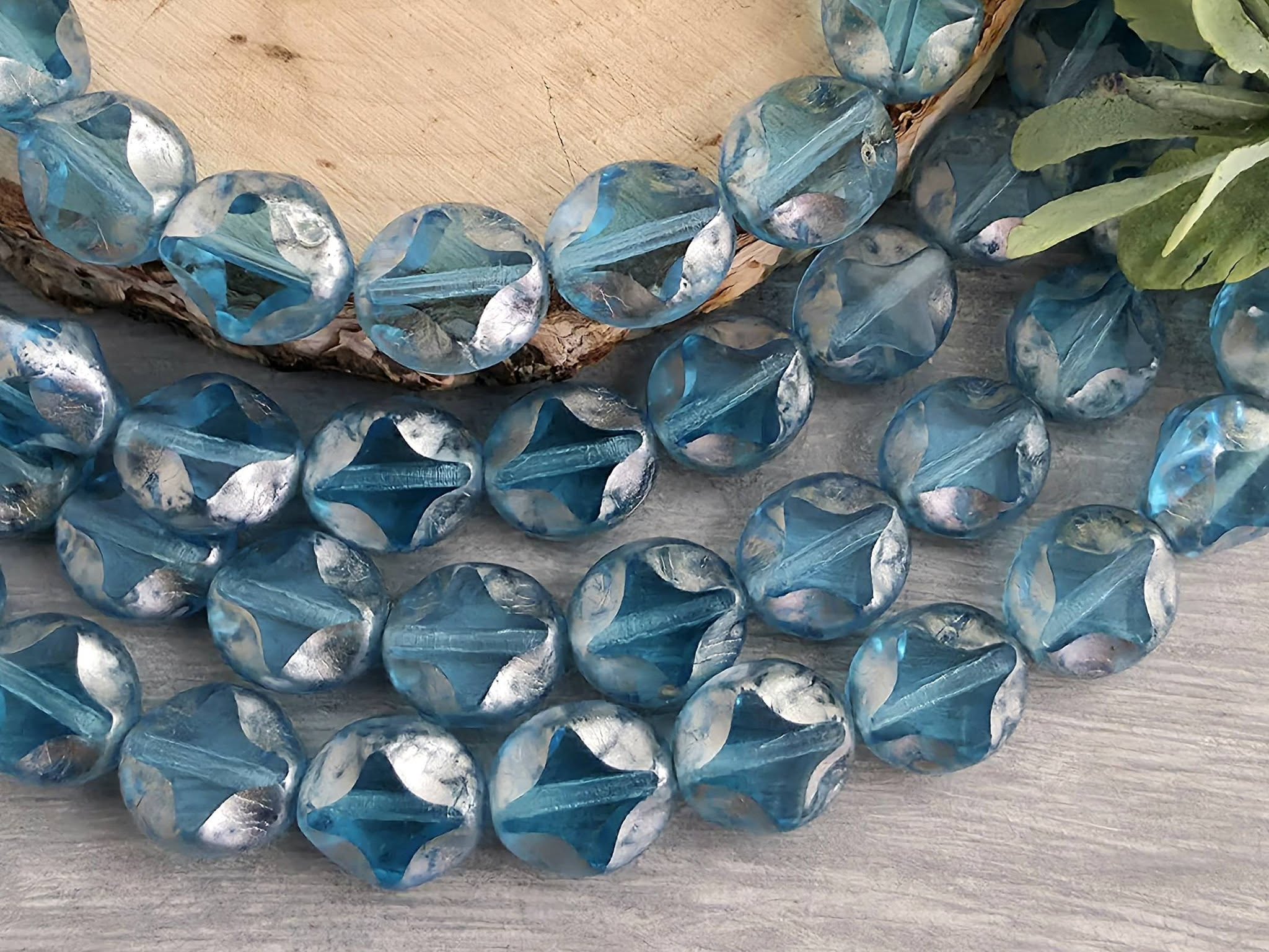 Aquamarine - Silver Wash Diamond Cut/Cross Czech Coins - 9mm - 10pcs