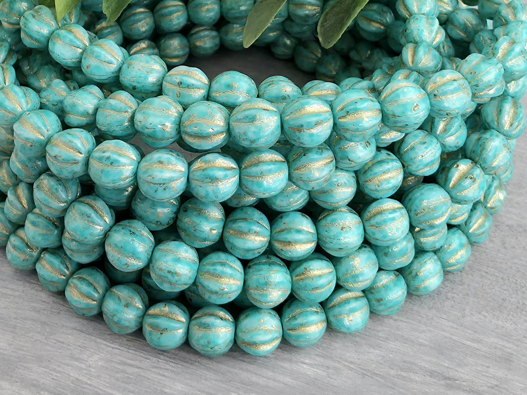 Turquoise - Gold Wash Czech Melon Beads - 6mm - 20pcs