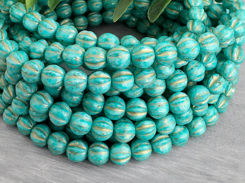 Turquoise - Gold Wash Czech Melon Beads - 6mm - 20pcs
