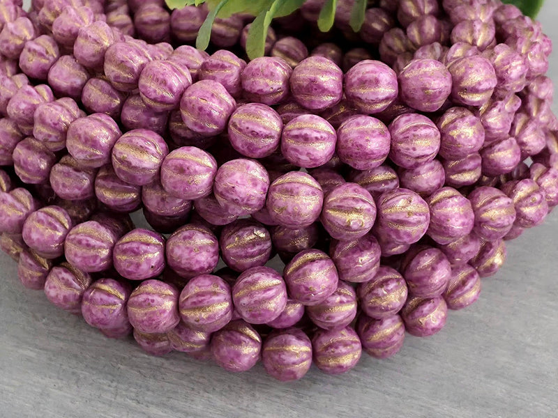 Plum Rose - Gold Wash Czech Melon Beads - 6mm - 20pcs
