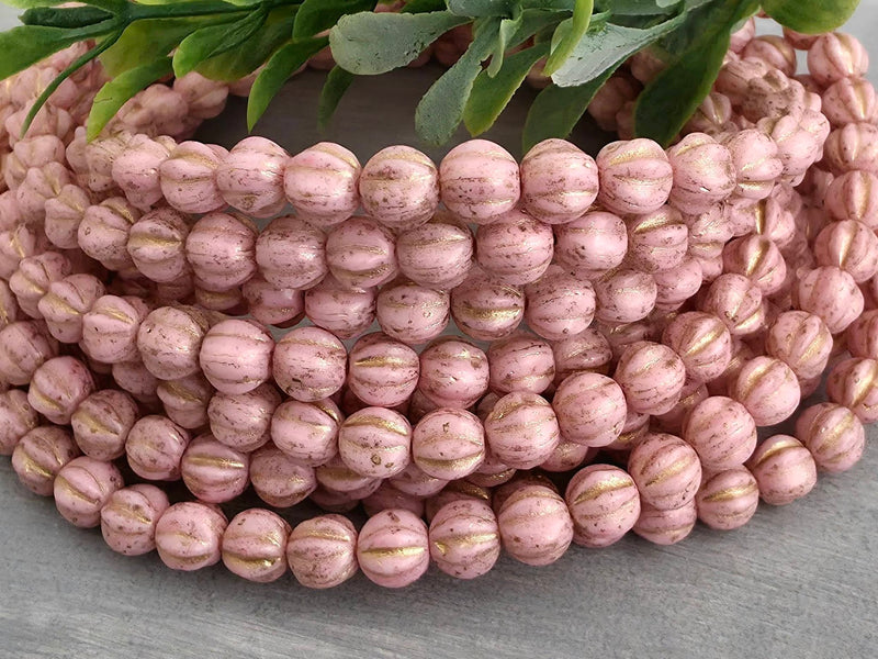 Vintage Pink - Gold Wash Czech Melon Beads - 6mm - 20pcs
