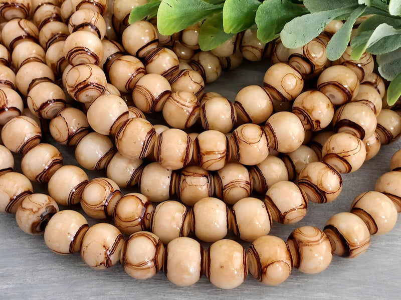 Latte Cream - Wood Grain Pattern Glass Beads - 8mm - 7" Strand/Loose