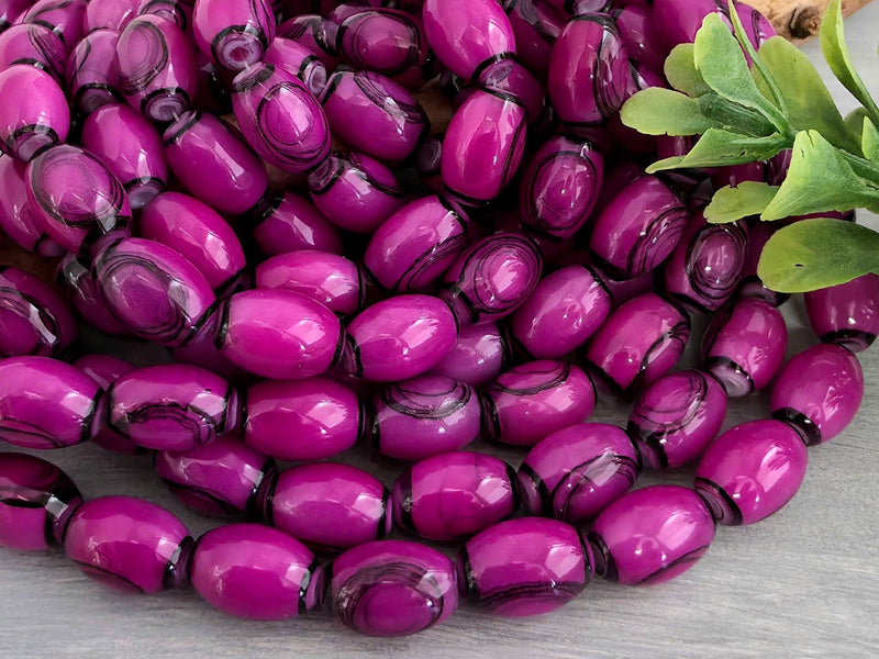 Magenta - Wood Grain Pattern Glass Barrel Beads - 10x8mm - 7" Strand/Loose
