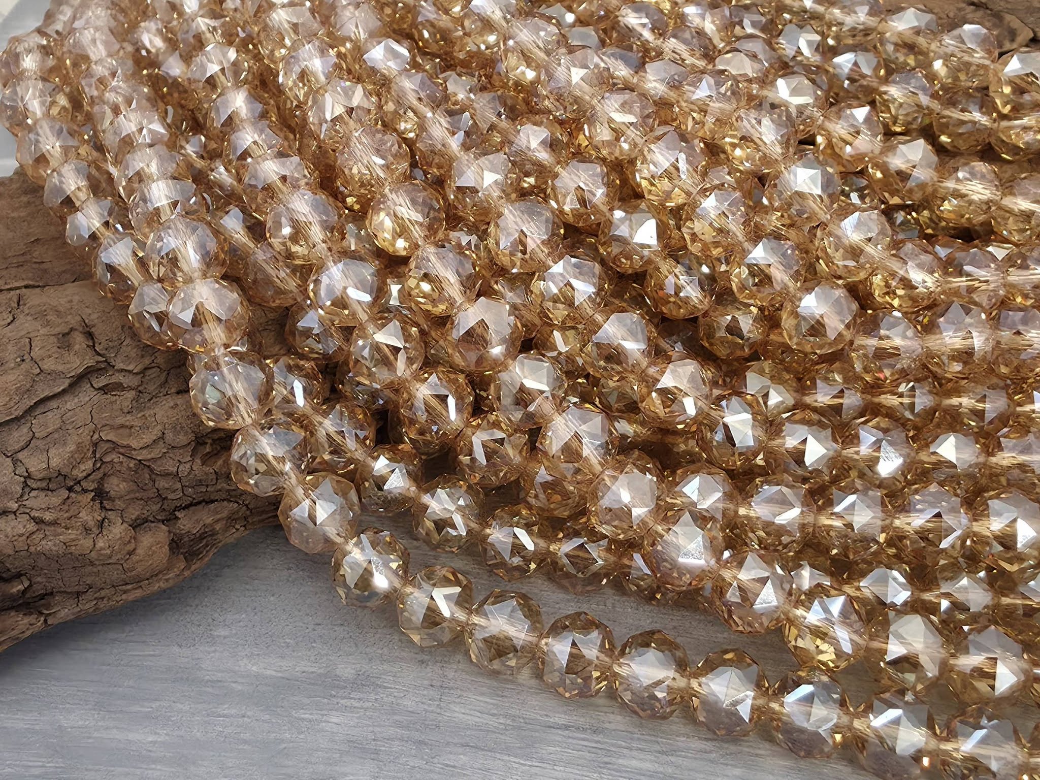 Champagne - Hexagon Cut Crystals - 8mm - 7" Strand