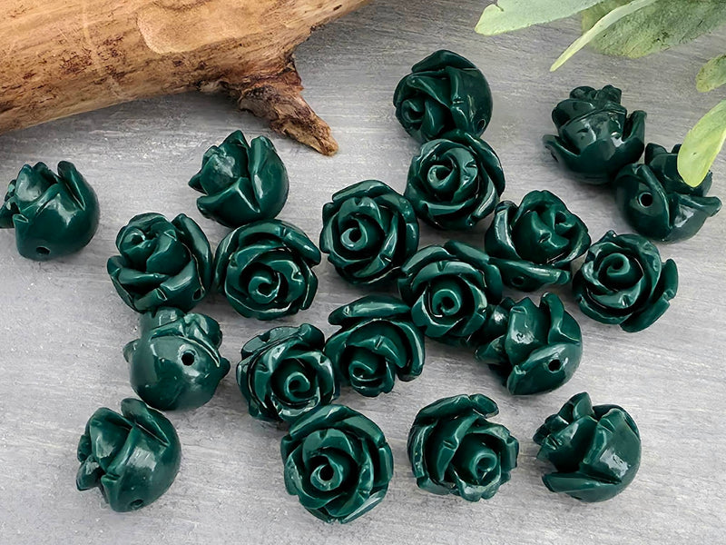 Forest Green - Carved Rose Flower Beads - 8mm - 10pcs