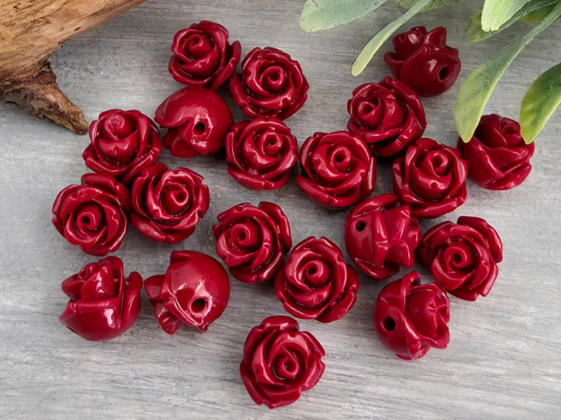 Red - Carved Rose Flower Beads - 8mm - 10pcs