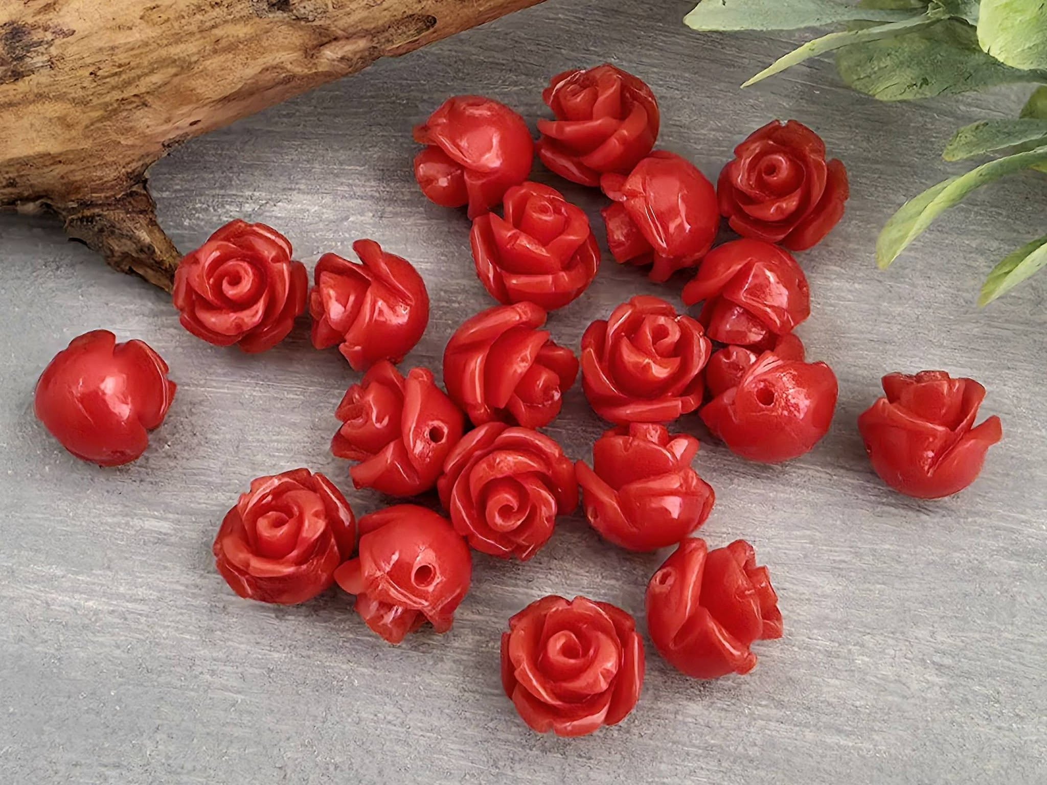 Coral Red - Carved Rose Flower Beads - 8mm - 10pcs