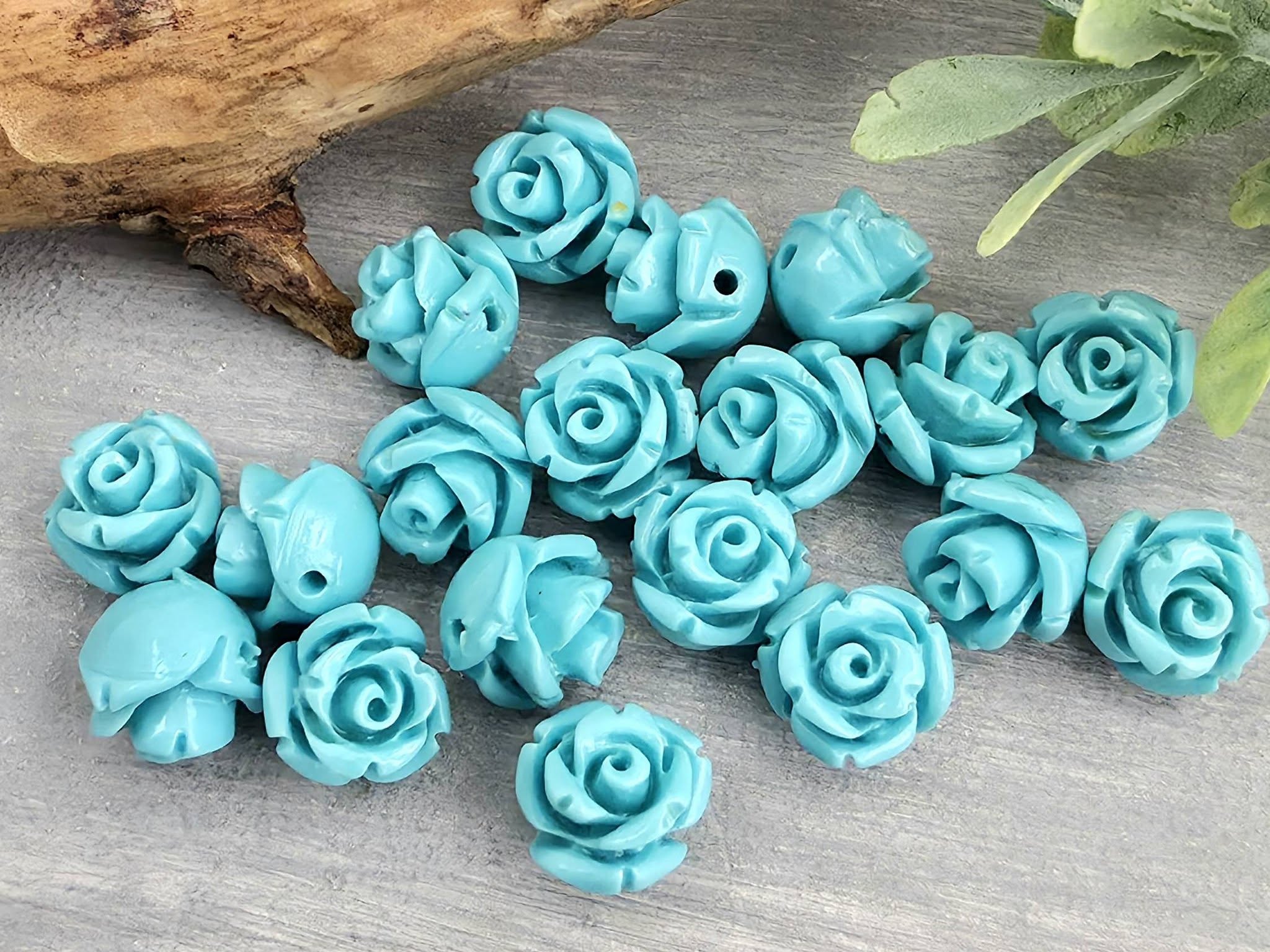 Turquoise - Carved Rose Flower Beads - 8mm - 10pcs