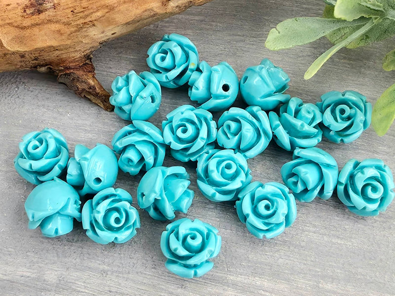 Turquoise - Carved Rose Flower Beads - 8mm - 10pcs