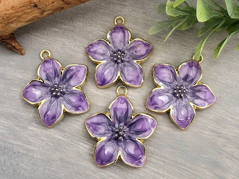 5-Petal Lavender Flower - Gold Plated Enameld Pendant/Charms - 26mm - 2pcs