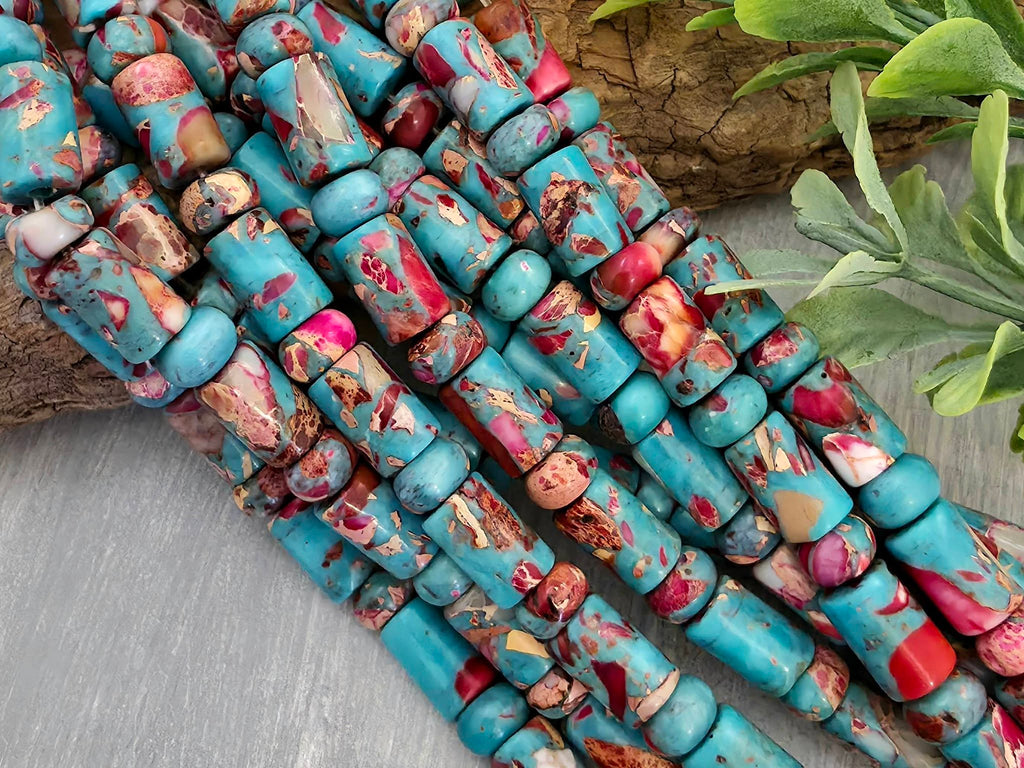Red Fuchsia & Turquoise - Cylinder Rondelle Mix - 8" Str.