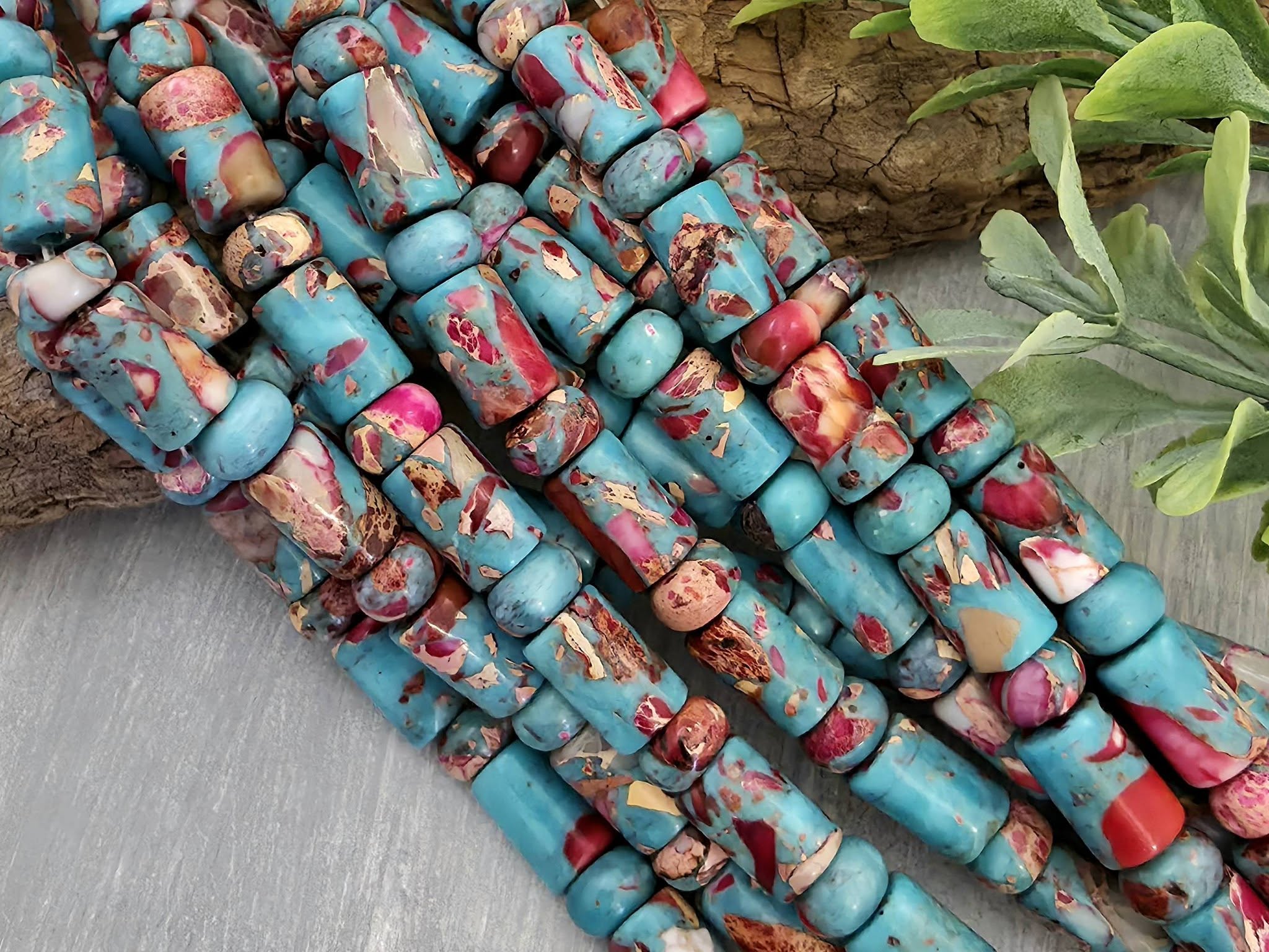Red Fuchsia & Turquoise - Cylinder Rondelle Mix - 8" Str.