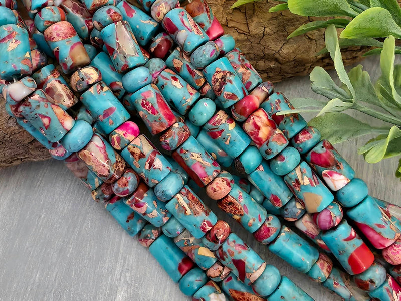 Red Fuchsia & Turquoise - Cylinder Rondelle Mix - 8" Str.