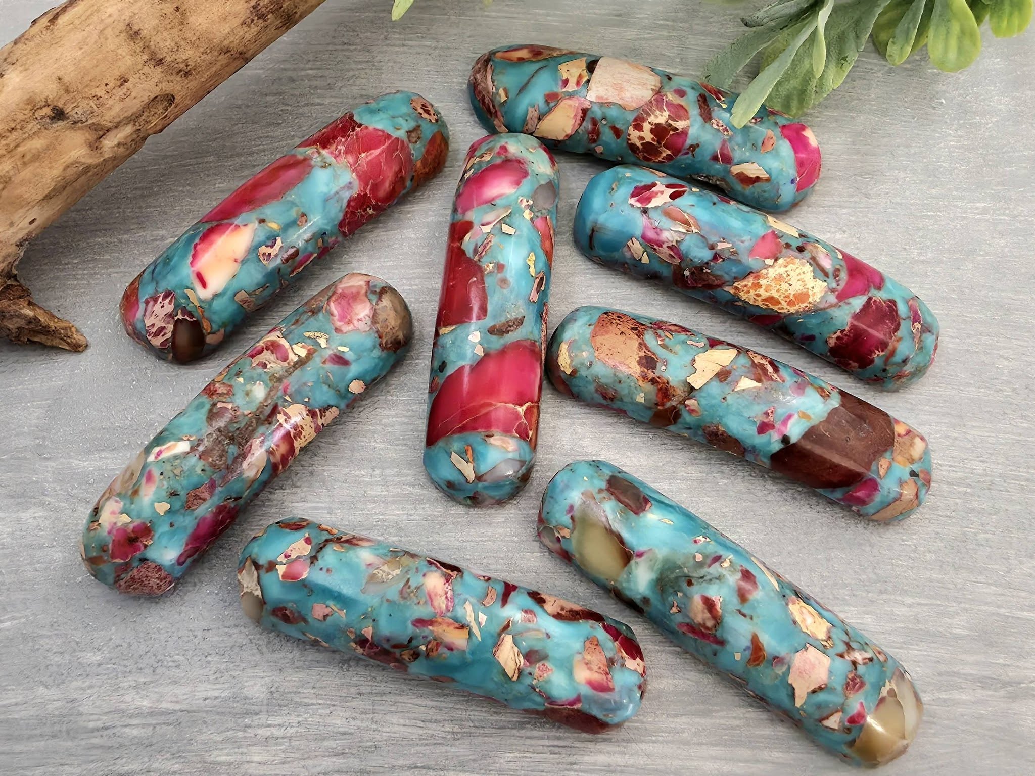 Red Fuchsia & Turquoise - Curved Bracelet Bar - 35x12mm