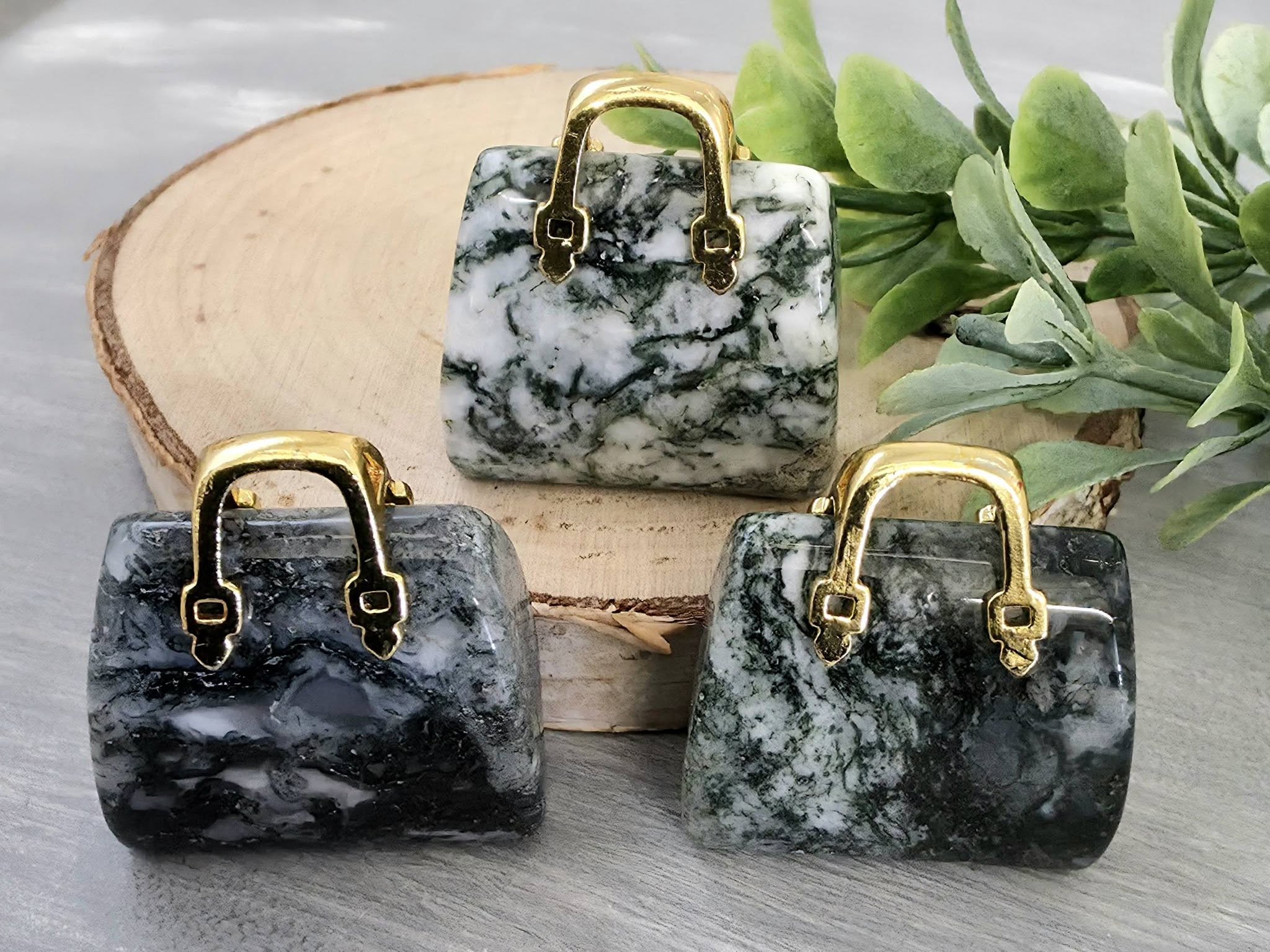 Tree Agate - Genuine Gemstone Handbag - 25x27x10mm - 1pc