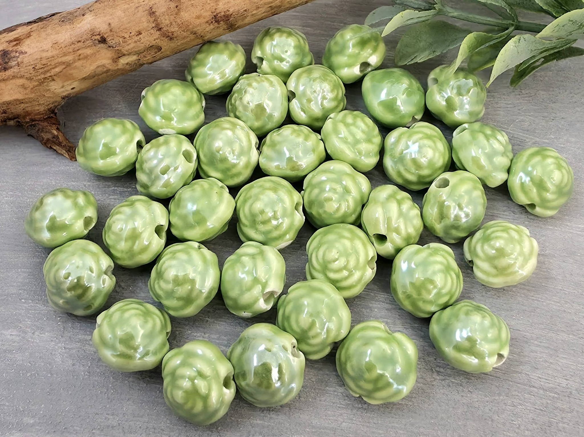 Apple Green - Porcelain Ceramic Flower Beads - 12mm