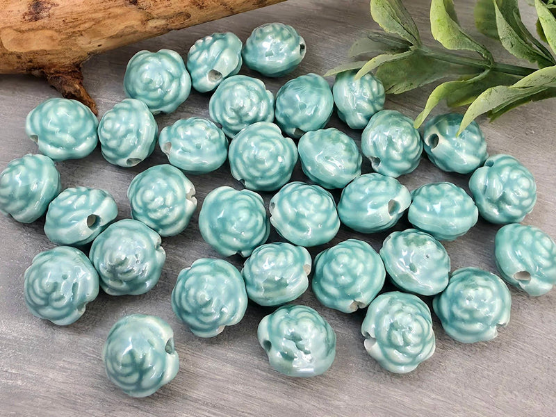 Turquoise - Porcelain Ceramic Flower Beads - 10mm - 10pcs