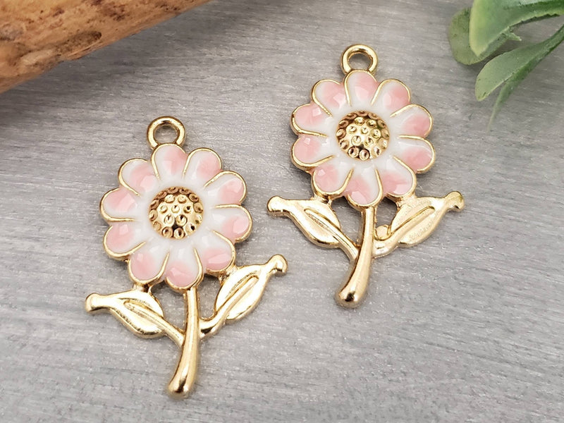 Pink - Gold Plated Enamel Flower Charms - 25" - 10pcs