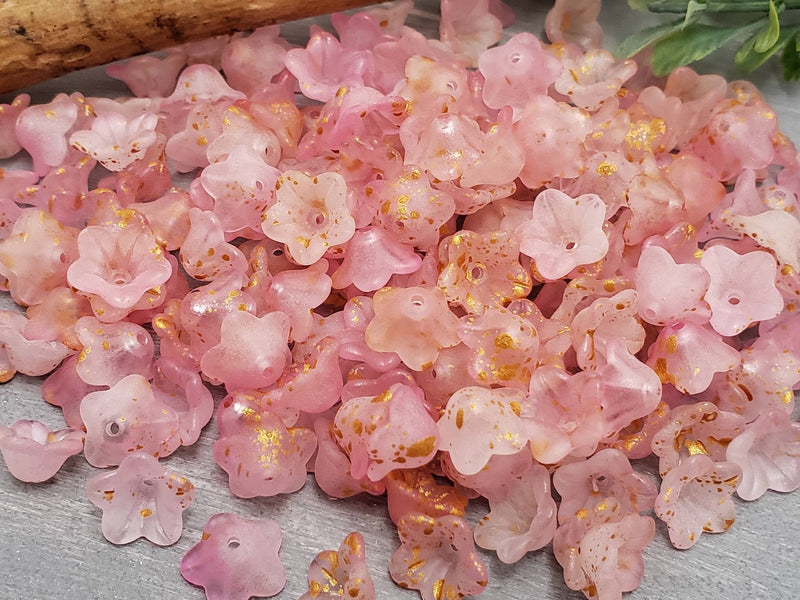 Pink Rose - Gold Splash Lucite Bell Flowers - 8x10mm - 25gr./approx 90pcs