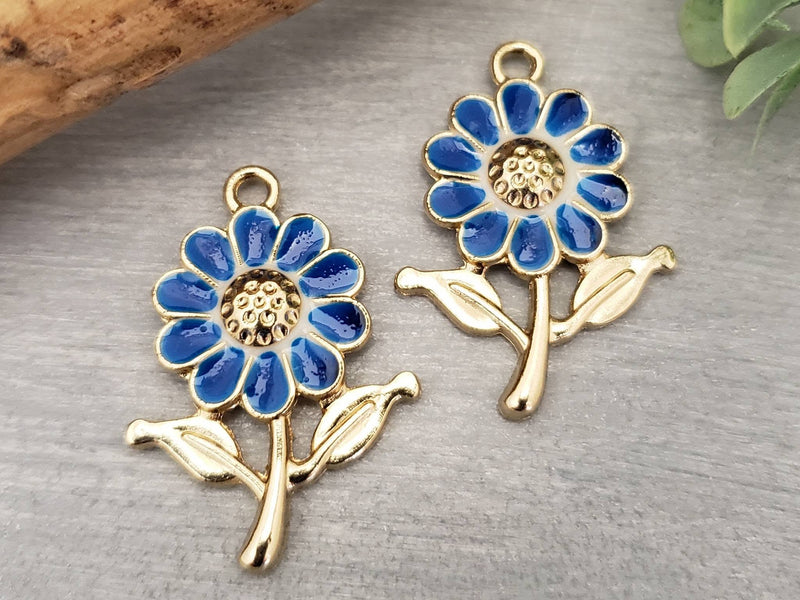 Blue - Gold Plated Enamel Flower Charms - 25" - 10pcs