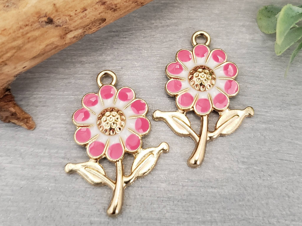 Fuchsia - Gold Plated Enamel Flower Charms - 25" - 6pcs