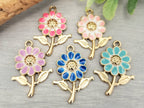 Fuchsia - Gold Plated Enamel Flower Charms - 25" - 6pcs