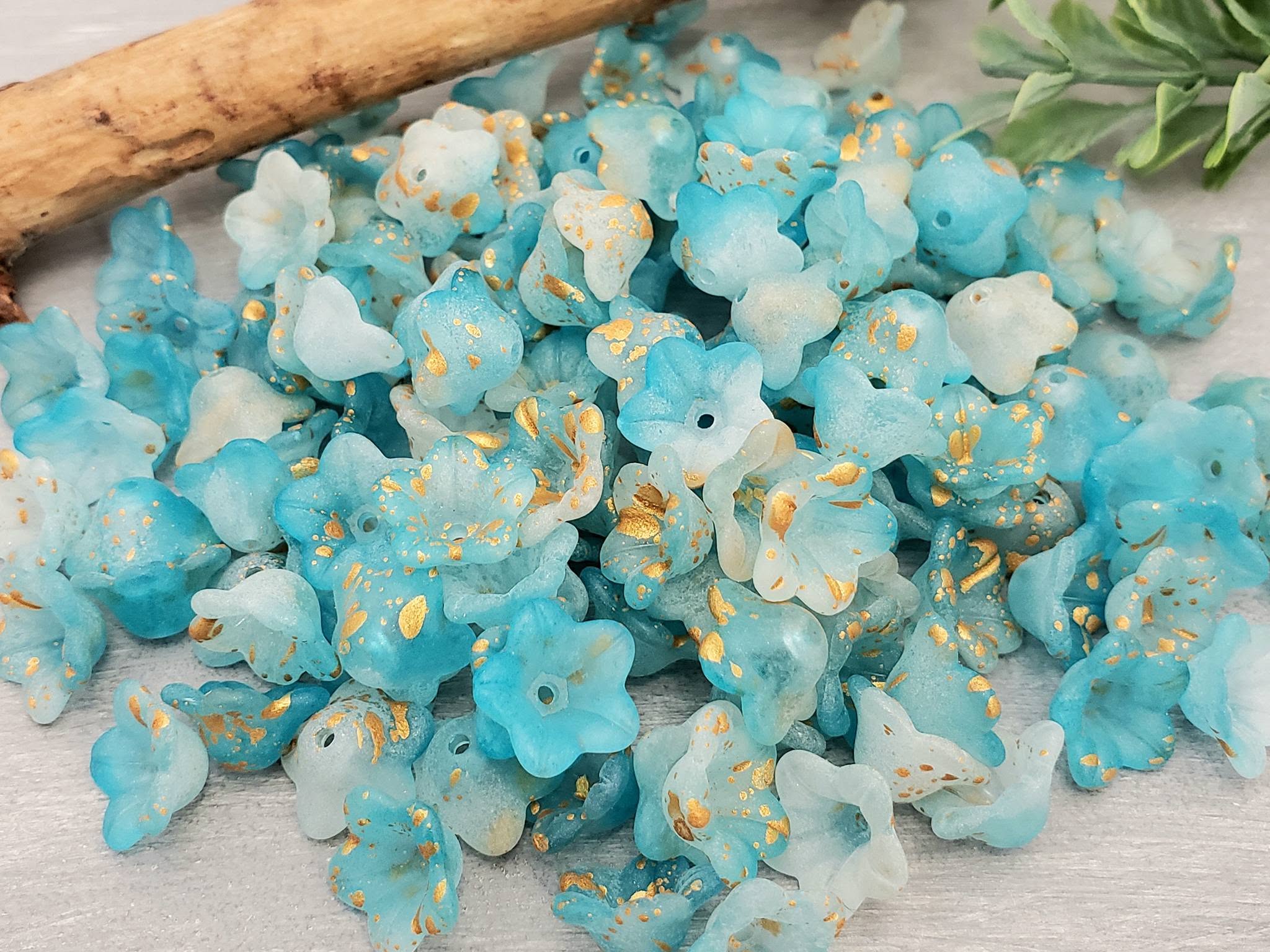 Aqua Blue - Gold Splash Lucite Bell Flowers - 8x10mm - 25gr./approx 90pcs