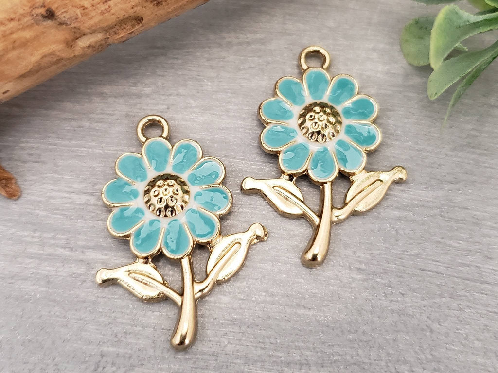 Turquoise - Gold Plated Enamel Flower Charms - 25" - 6pcs