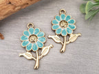 Turquoise - Gold Plated Enamel Flower Charms - 25" - 6pcs