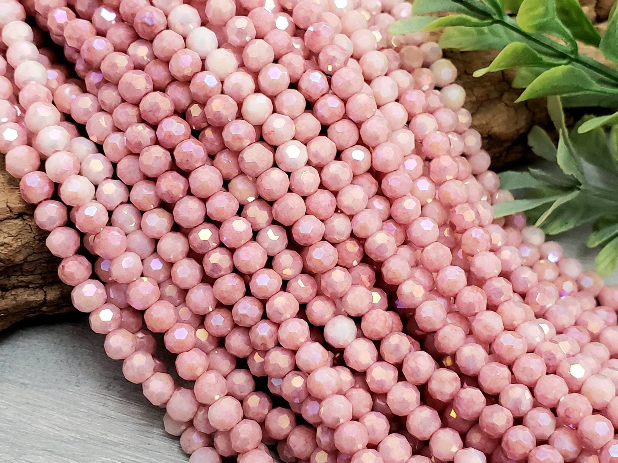 Antique Mauve Rose - AB Glass Crystals - 4mm - 15" Str.