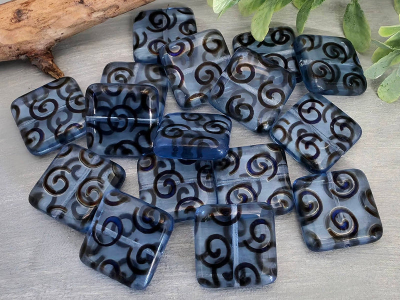 Azure Spirals - Czech Glass Square Beads - 18mm - 4pcs