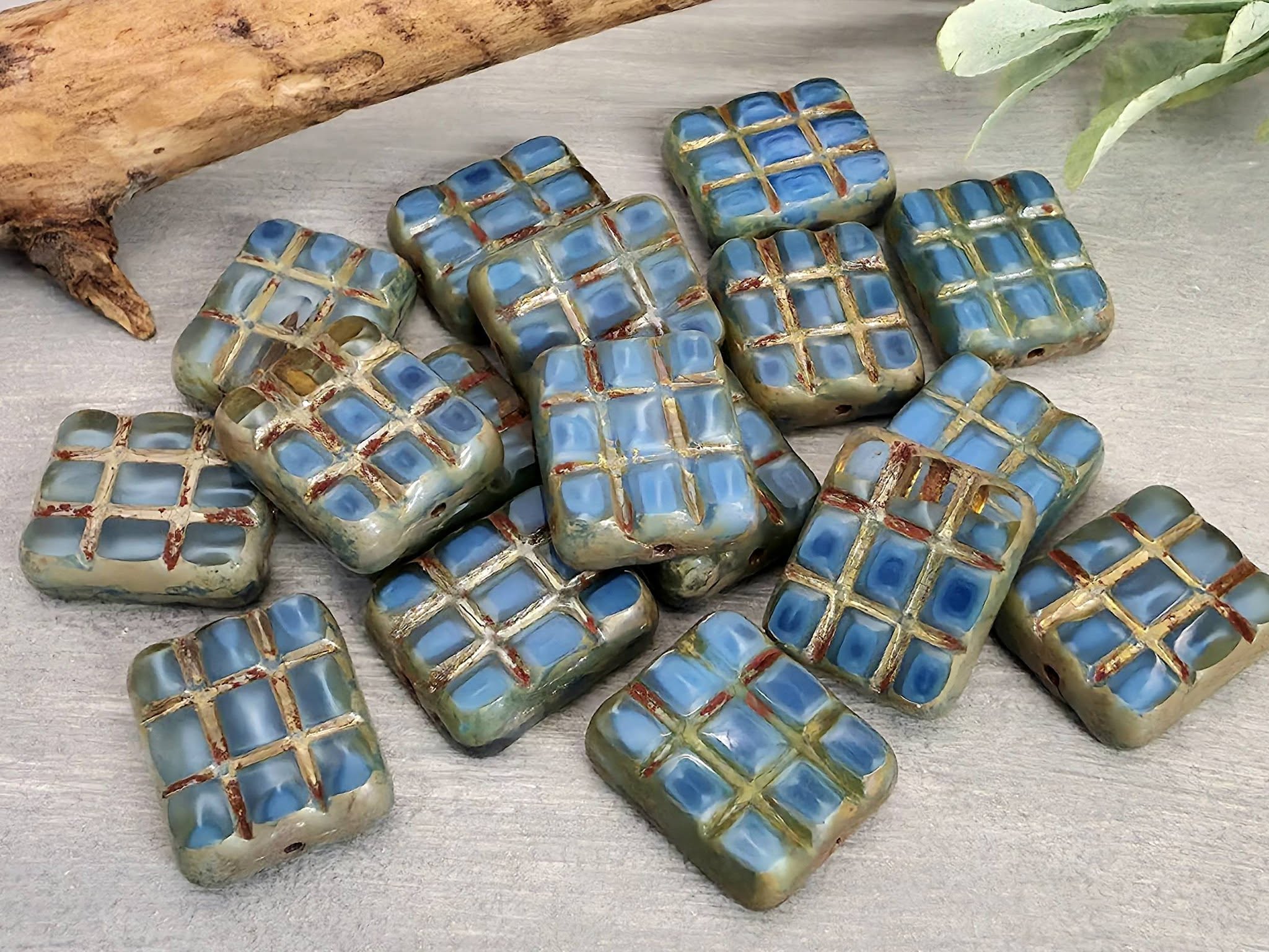 Rustic Denim - Copper Wash Czech Square Grid Beads - 13mm - 5pcs