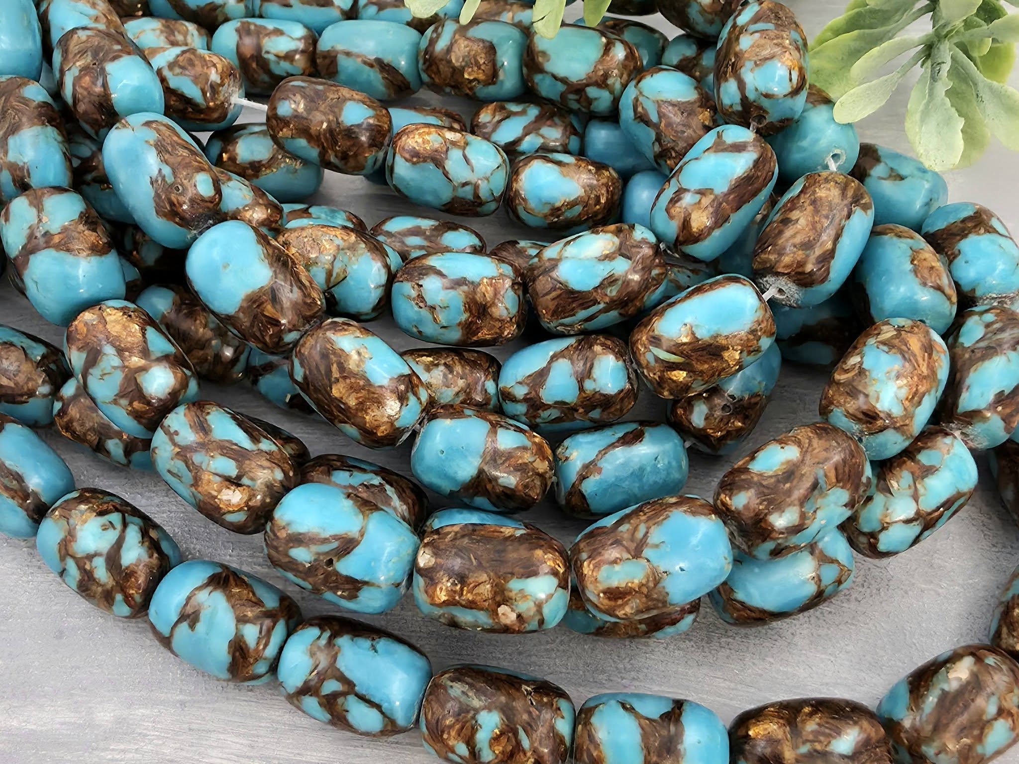 Turquoise & Copper Bronzite - Barrel Composite Gemstone - 10x14mm - 7.5" Str