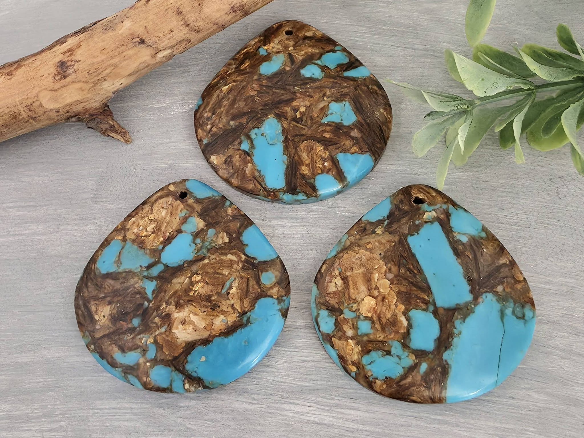 Pear Shape Pendant - Turquoise & Copper Bronzite - Composite Gemstone - 40mm - 1pc
