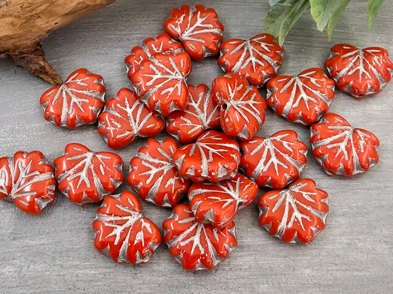 Coral Red Silver Wash - Czech Maple Leaf - 13x11mm - 10pcs