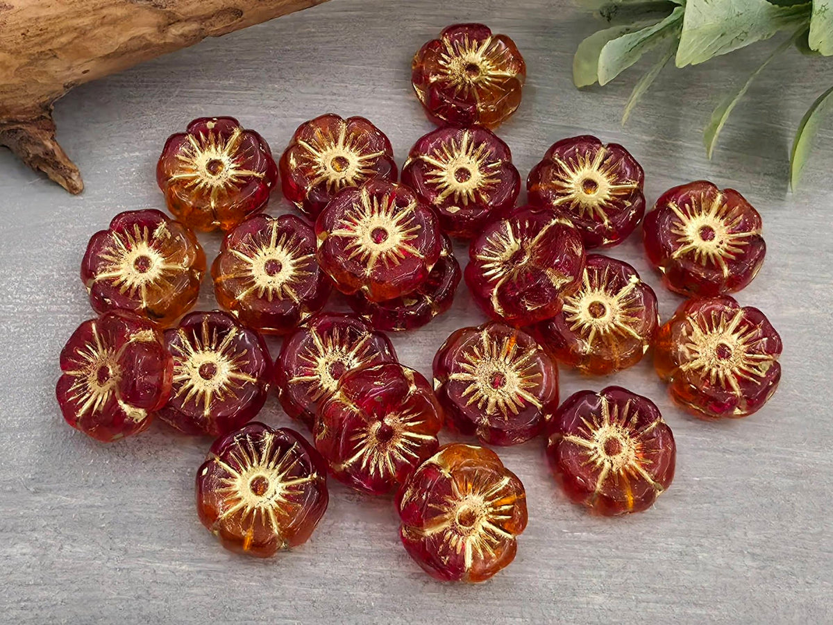 Orange/Red Mix Gold Wash - Czech Hibiscus Flowers - 10mm - 10pcs