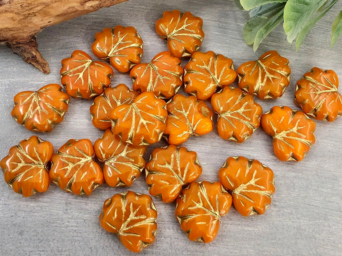 Pumpkin Orange Gold Wash - Czech Maple Leaf - 13x11mm - 10pcs