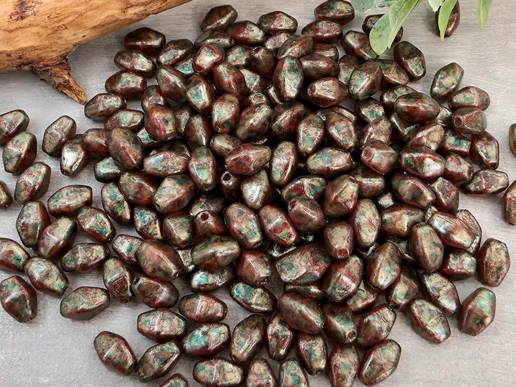 Aged Red Green Patina Wash - Czech Bicone - 8x6mm - 12" Strand/40pcs Loose