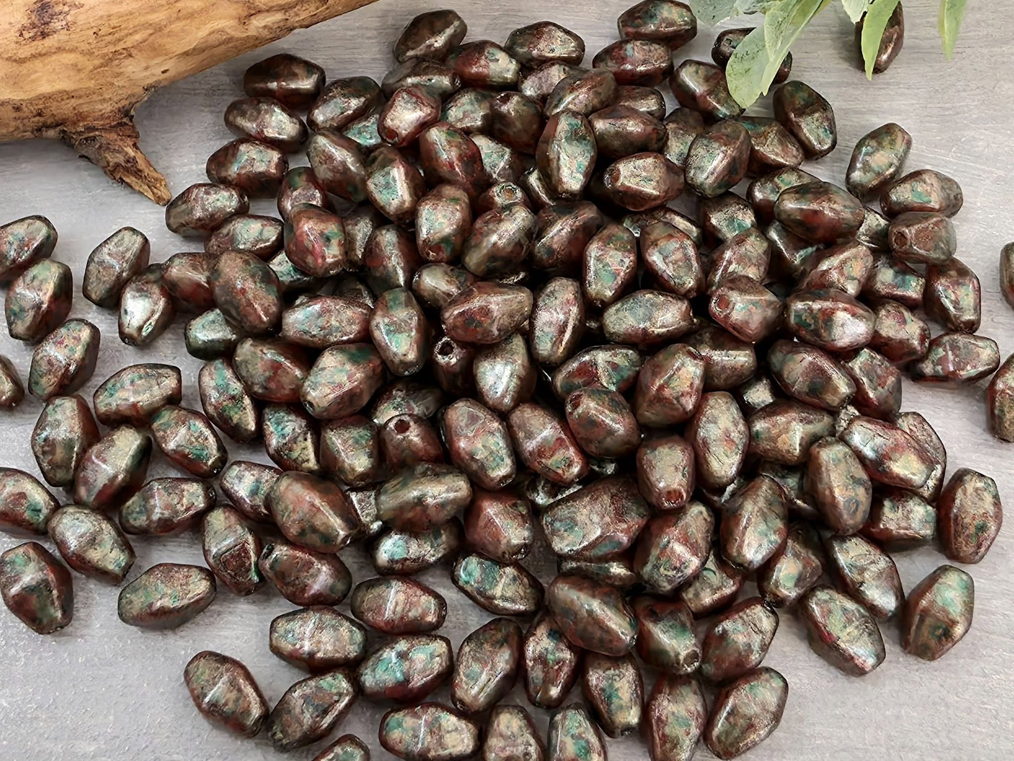 Aged Red Green Patina Wash - Czech Bicone - 8x6mm - 12" Strand/40pcs Loose